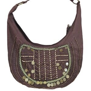 Chateau Brown Canvas Hobo Bag Beaded Coin Accents Boho Shoulder Bag